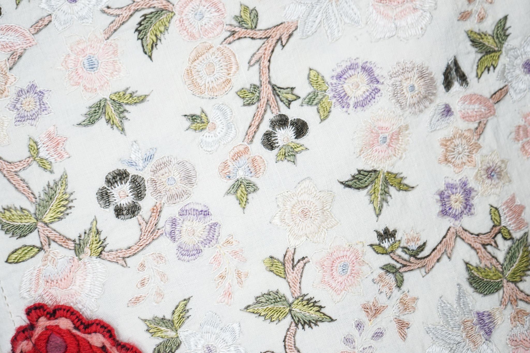 A Berlin beadwork tray panel, an Indian embroidered cloth etc.